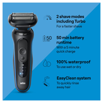 Braun Series 5 Electric Shaver, Foil Shaver with Senso Flex and Auto Sense, Wet/Dry, 50 Min Runtime - front view