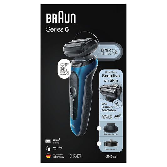 Braun Series 6 6040cs Electric Shaver, Foil Shaver, Wet & Dry, with Charging Stand, Precision Trimmer, Blue