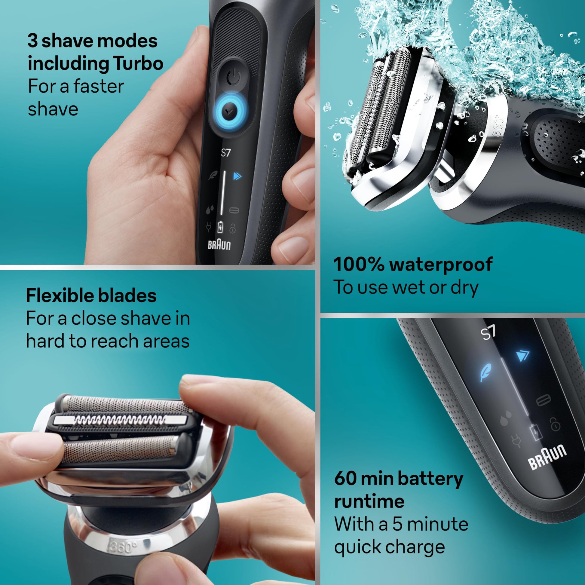 Braun Series 7 7185Cc Electric Shaver for Men, Wet & Dry, with SmartCare Center and Beard Trimmer, Black - front view