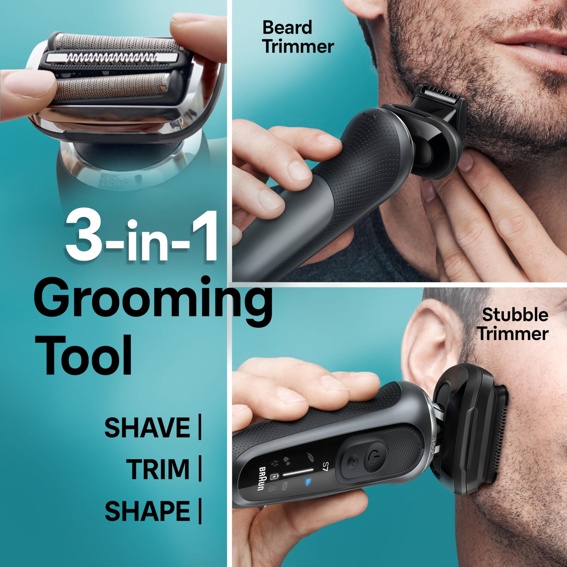 Braun Series 7 7185Cc Electric Shaver for Men, Wet & Dry, with SmartCare Center and Beard Trimmer, Black - close-up detail