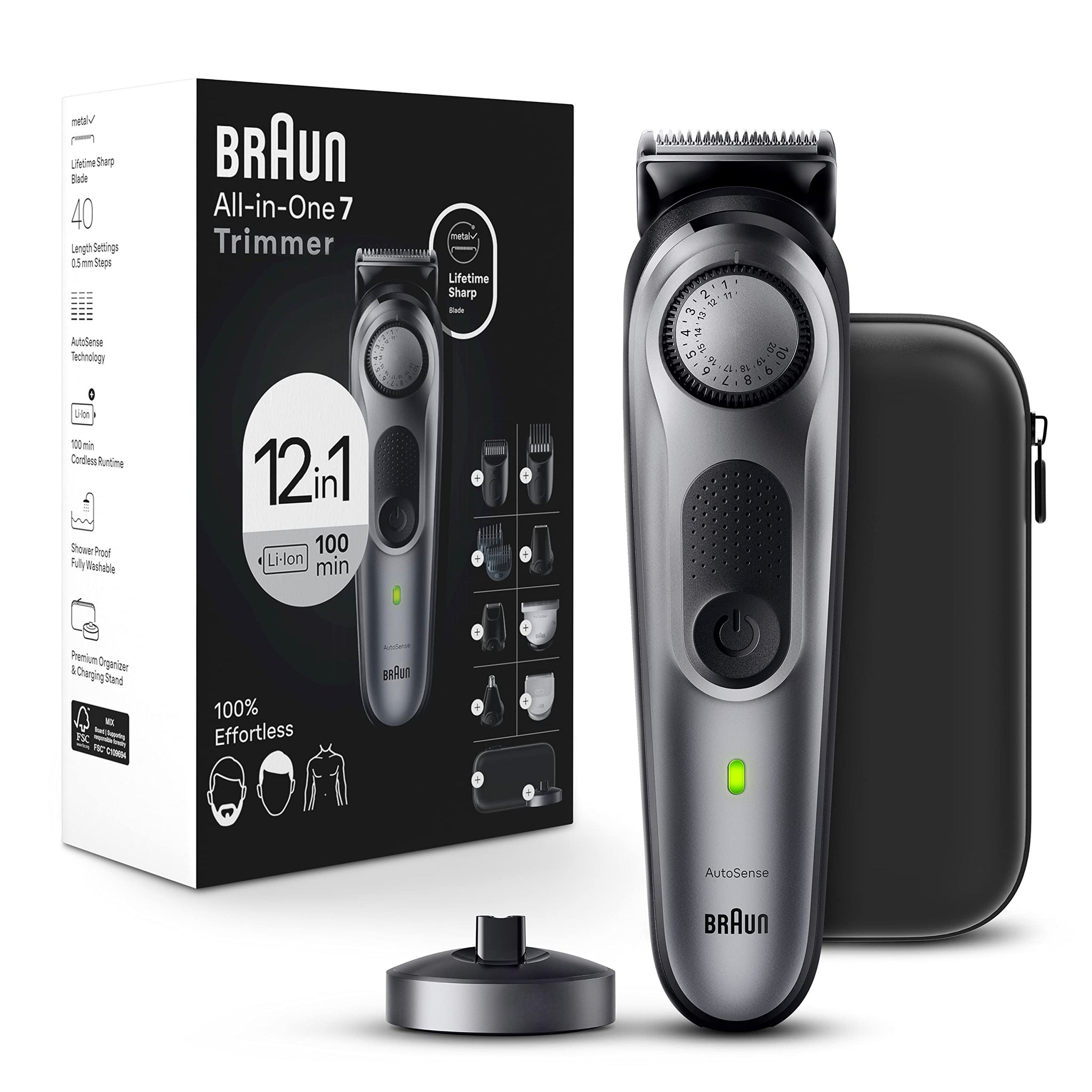 Braun Series 7 7440 12-In-1 All-In-One Style Kit, Hair Clippers and Beard Trimmer, 40 Length Settings, Waterproof - size and