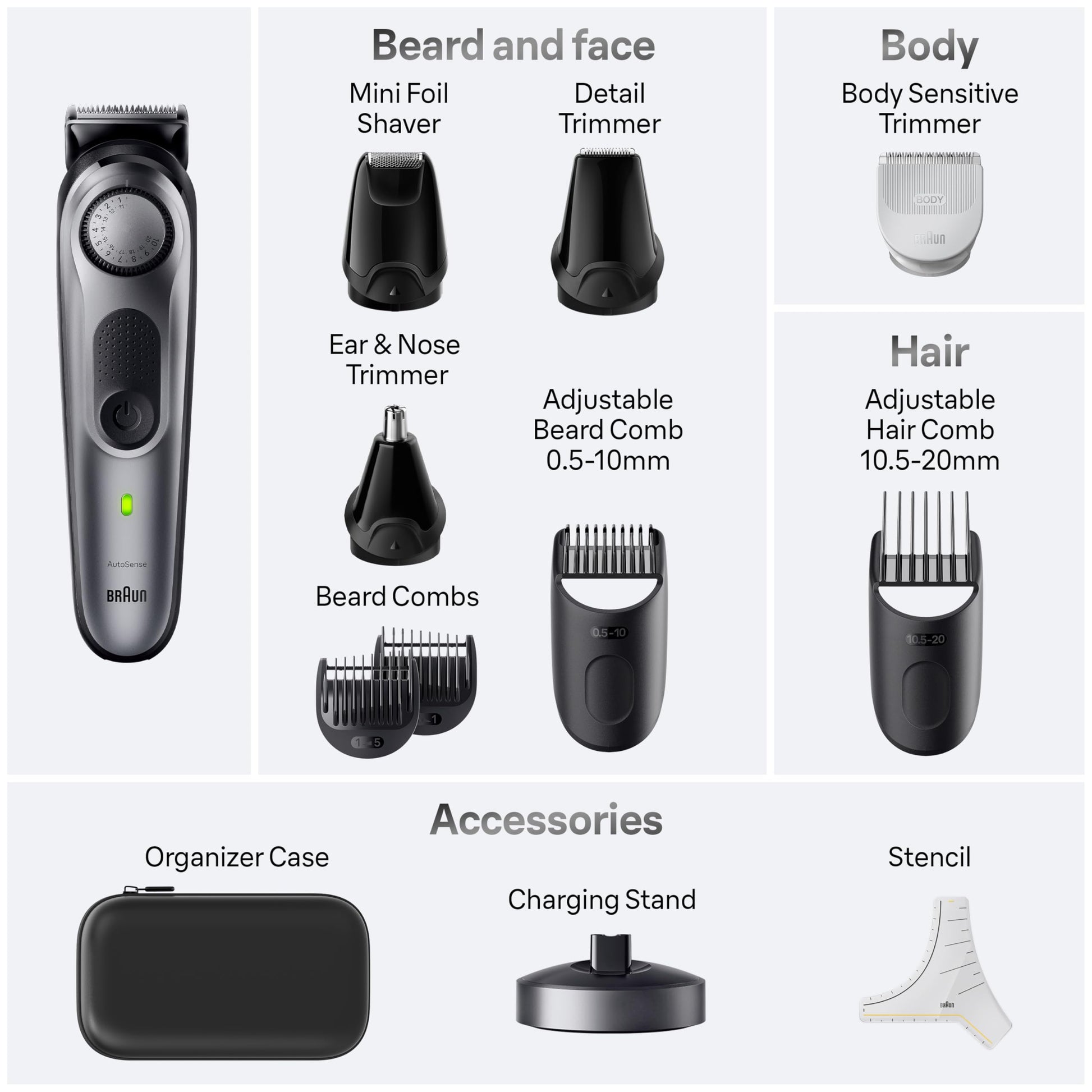 Braun Series 7 8-in-1 Hair Clipper and Trimmer for Men, 40 Length Settings, Waterproof, Cordless, Model 7410 - size and scale