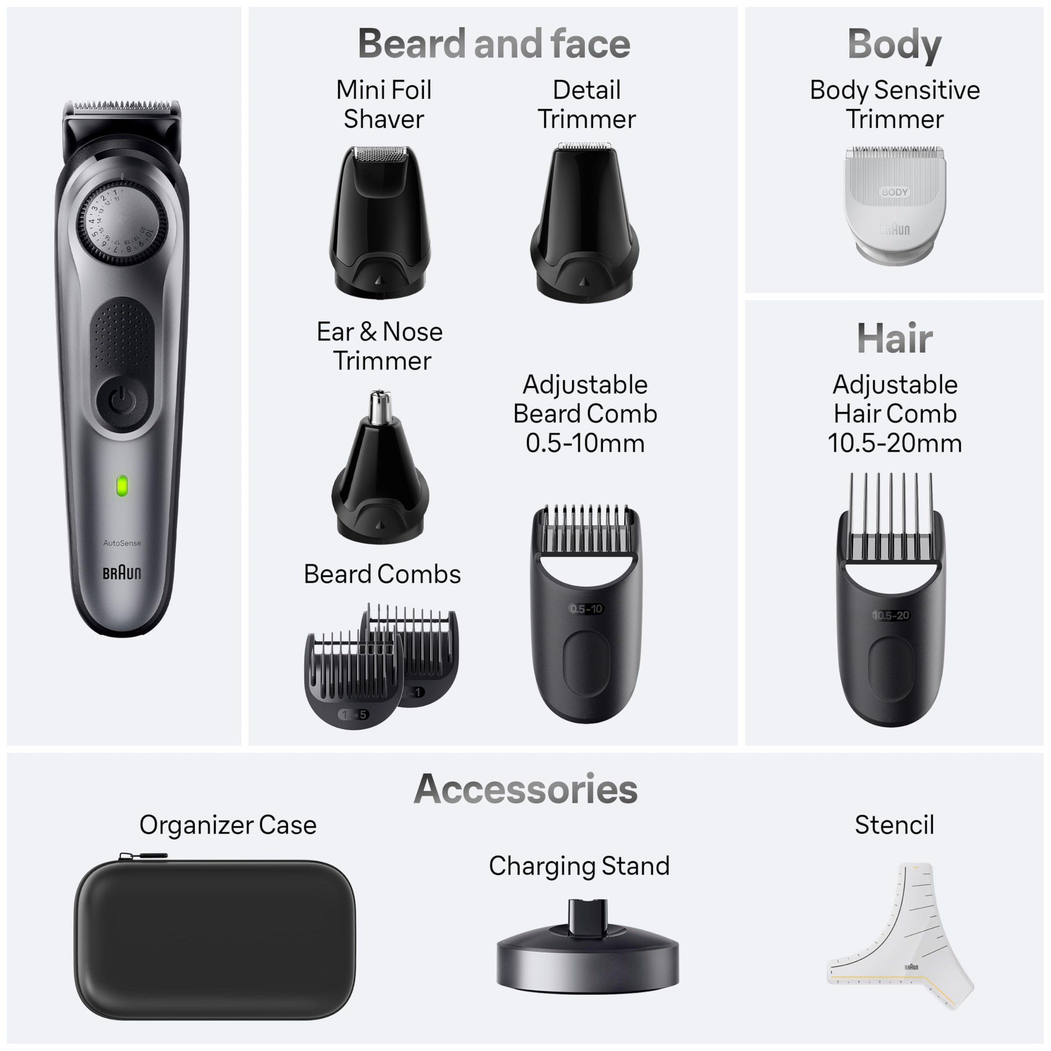 Braun Series 7 8-in-1 Hair Clipper and Trimmer for Men, 40 Length Settings, Waterproof, Cordless, Model 7410 - size and scale