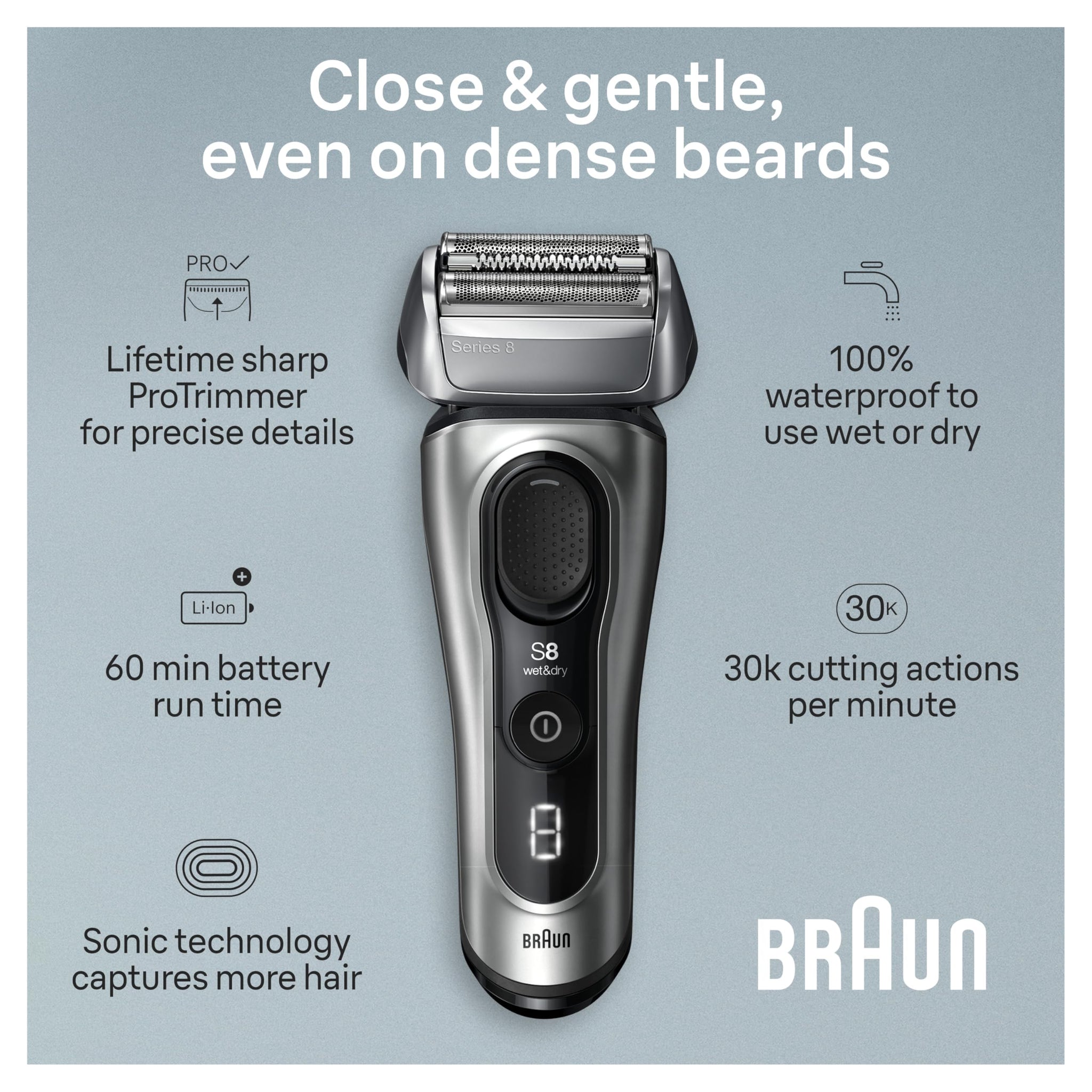 Braun Series 8 Electric Razor for Men, Wet & Dry Shaver with Precision Trimmer, 60-Minute Runtime, Made in Germany - back vie