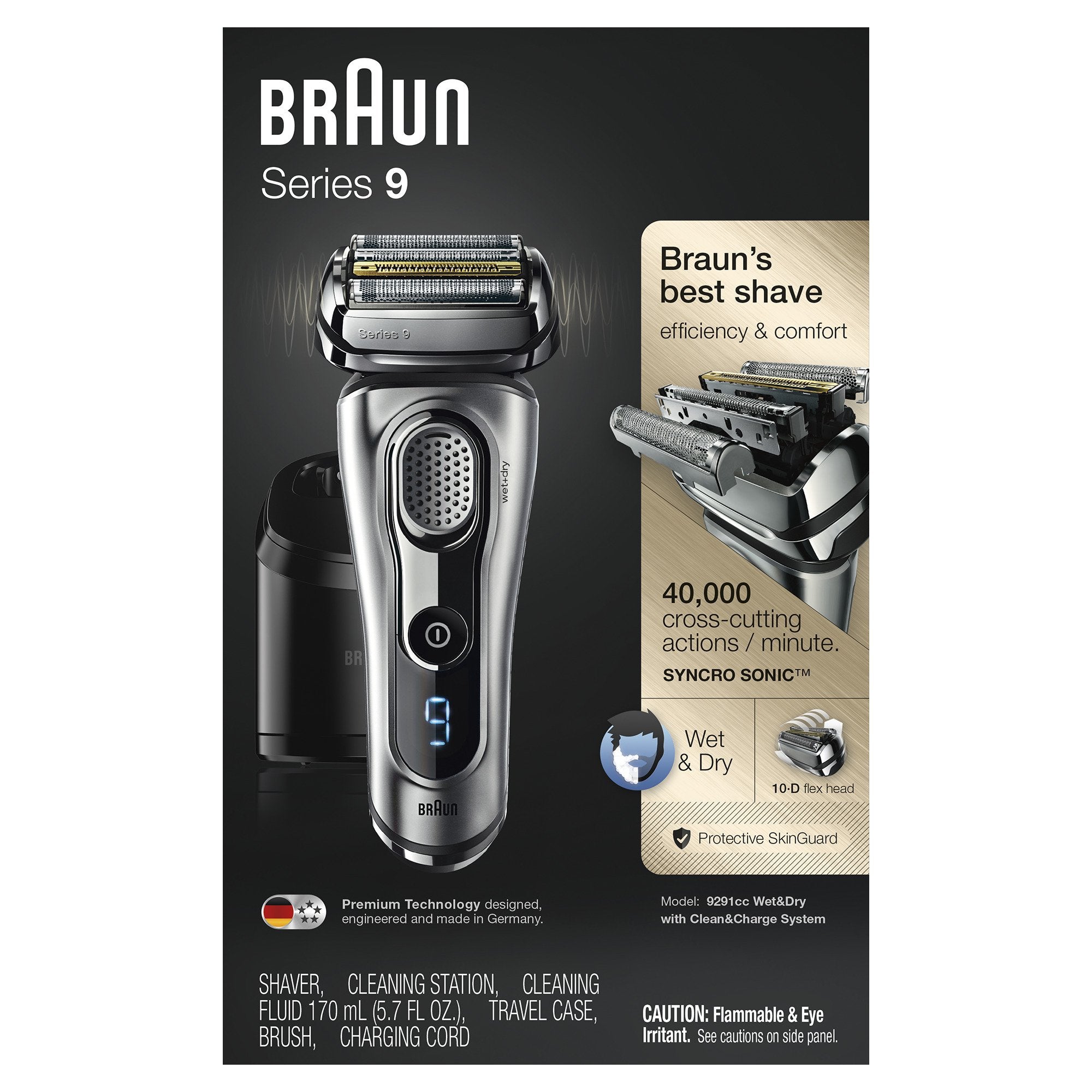 Braun Series 9 9291cc Electric Foil Shaver for Men, Rechargeable Wet & Dry, Precision Trimmer, Clean & Charge Station, Leathe