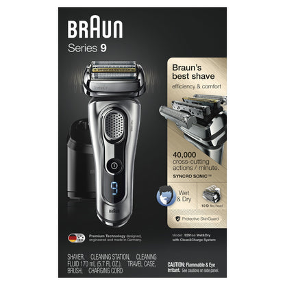 Braun Series 9 9291cc Electric Foil Shaver for Men, Rechargeable Wet & Dry, Precision Trimmer, Clean & Charge Station, Leathe
