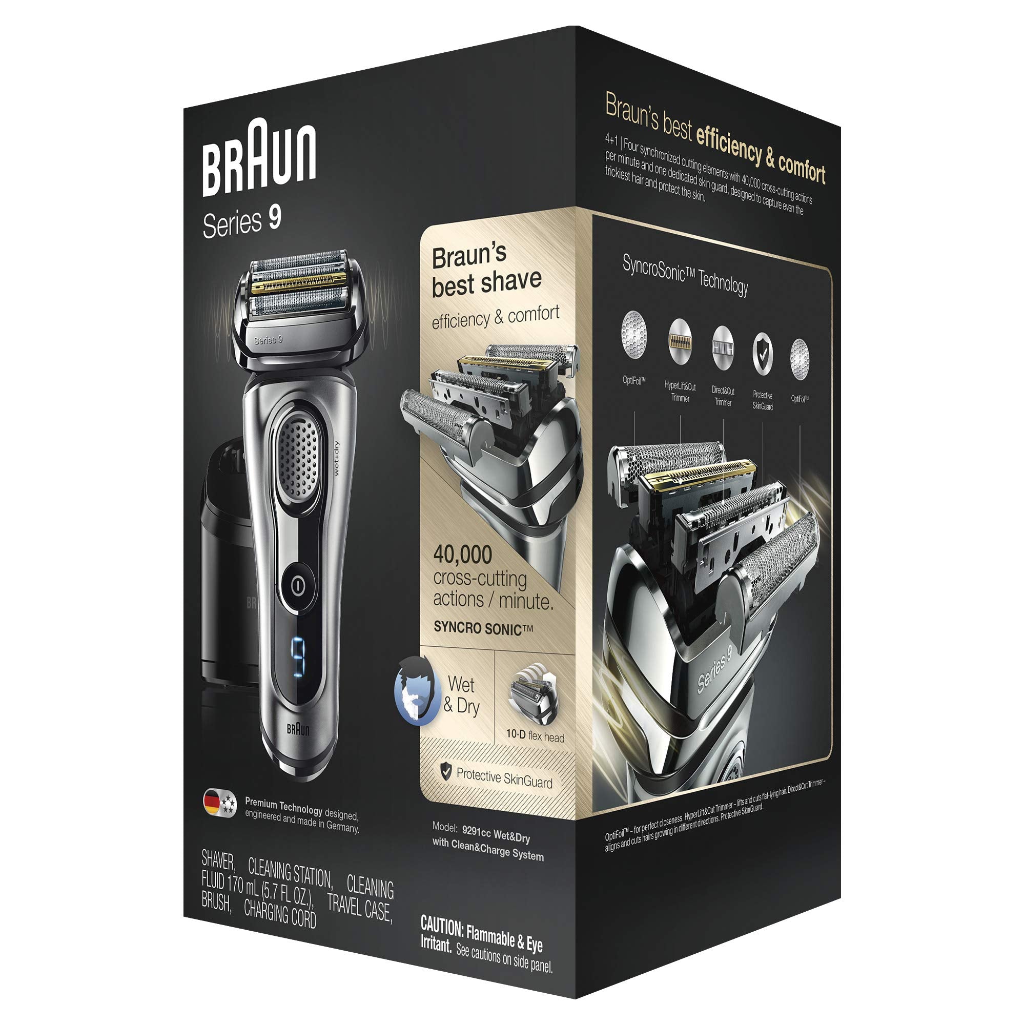 Braun Series 9 9291cc Electric Foil Shaver for Men, Rechargeable Wet & Dry, Precision Trimmer, Clean & Charge Station, Leathe