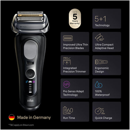 Braun Series 9 PRO+ Electric Shaver, Foil Shaver with SensoAdapt 6-in-1 Smart Care Center, Model 9660CCPS, Black - front view