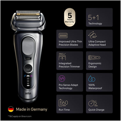 Braun Series 9 PRO+ Electric Shaver, Pro SensoAdapt, 9697CC, Silver, Men's Foil Shaver - front view
