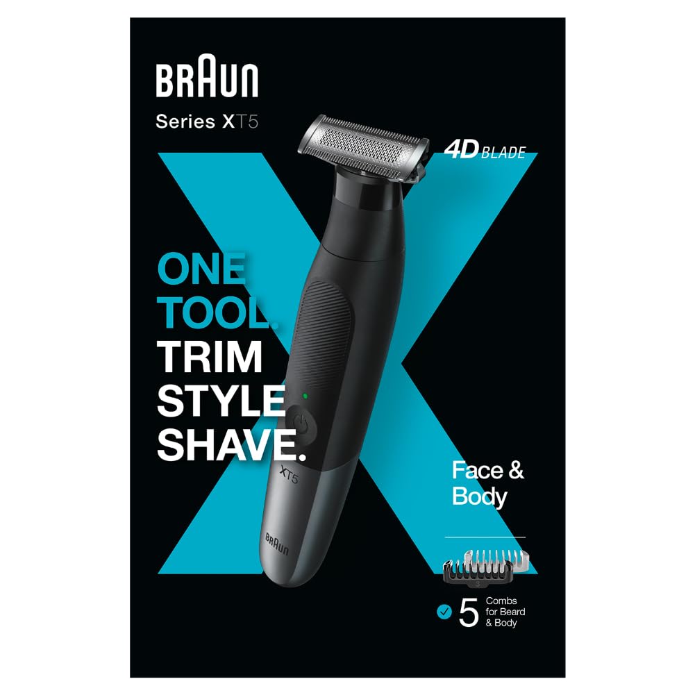Braun Series XT5 Beard Trimmer, Electric Shaver and Body Groomer, Stainless Steel 4DBlade, Wet & Dry Use, XT5100