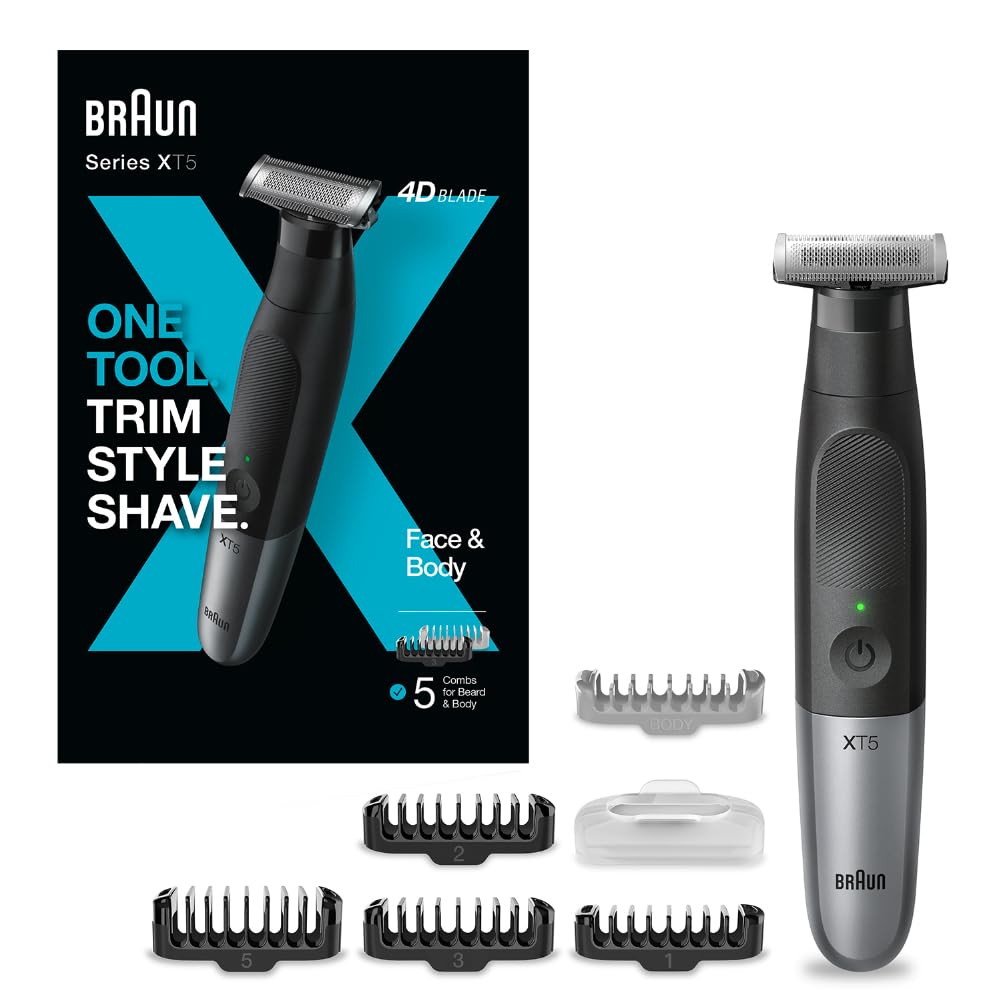 Braun Series XT5 Beard Trimmer, Electric Shaver and Body Groomer, Stainless Steel 4DBlade, Wet & Dry Use, XT5100 - packaging