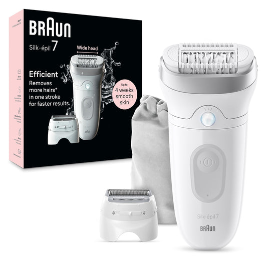 Braun Silk-épil 7 Epilator SE7-041, Wet & Dry, Wide Head, with Shaver Head and Trimmer Comb, Silver