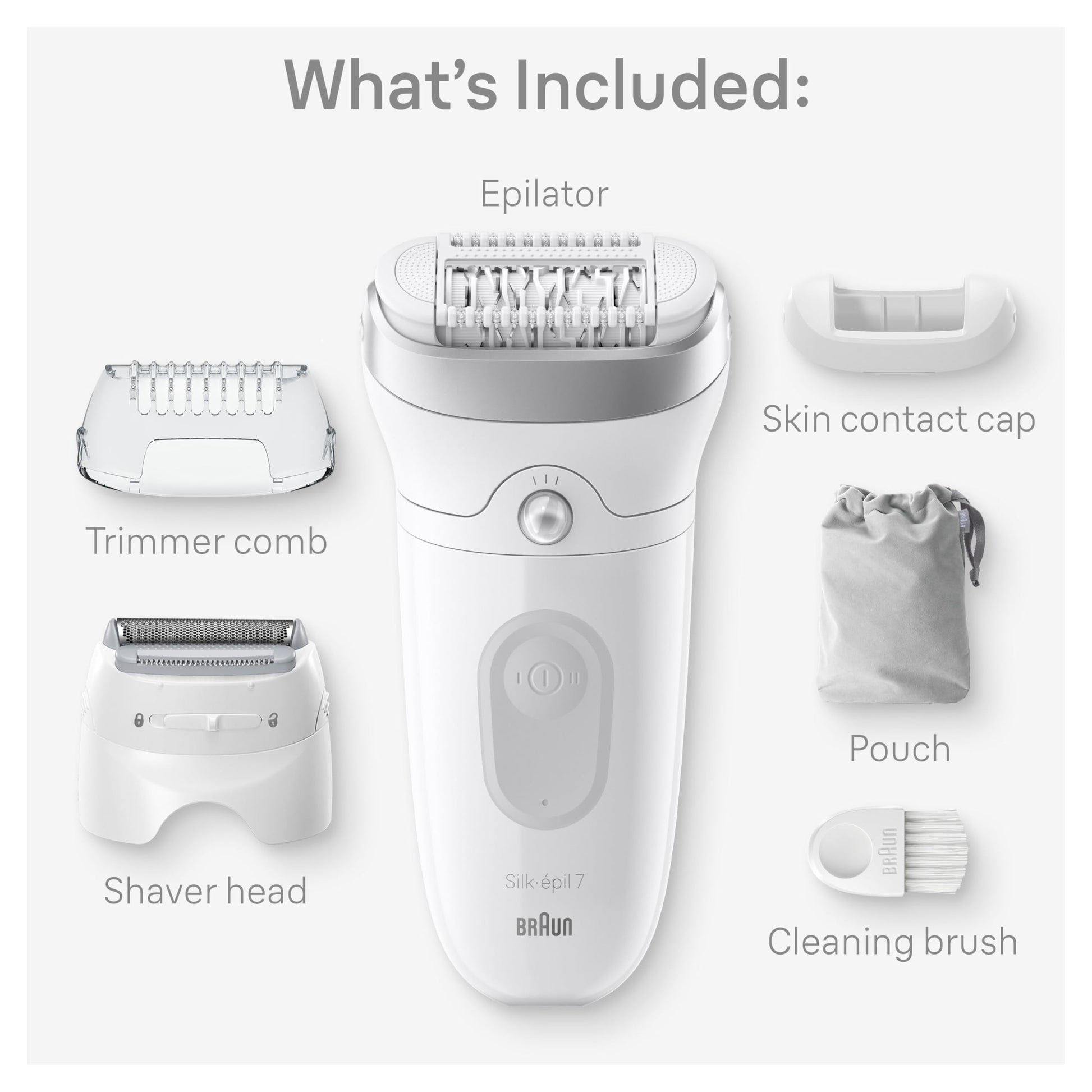 Braun Silk-épil 7 Epilator SE7-041, Wet & Dry, Wide Head, with Shaver Head and Trimmer Comb, Silver - front view