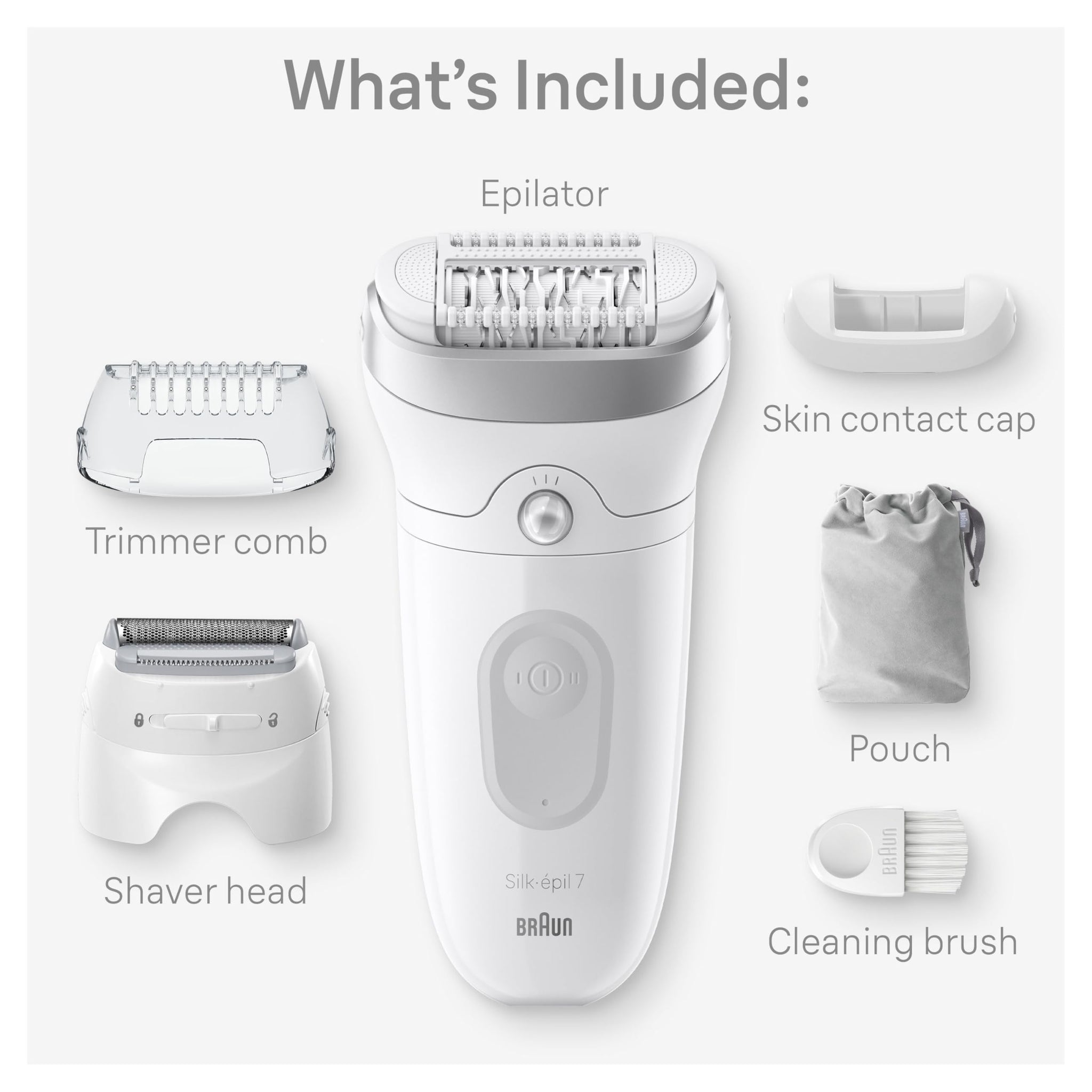 Braun Silk-épil 7 Epilator SE7-041, Wet & Dry, Wide Head, with Shaver Head and Trimmer Comb, Silver - front view