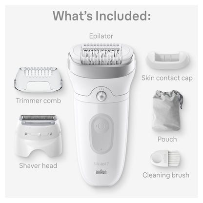 Braun Silk-épil 7 Epilator SE7-041, Wet & Dry, Wide Head, with Shaver Head and Trimmer Comb, Silver - front view