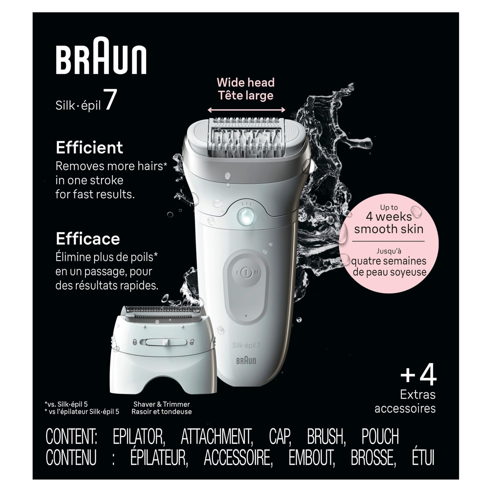 Braun Silk-épil 7 Epilator SE7-041, Wet & Dry, Wide Head, with Shaver Head and Trimmer Comb, Silver - size and scale