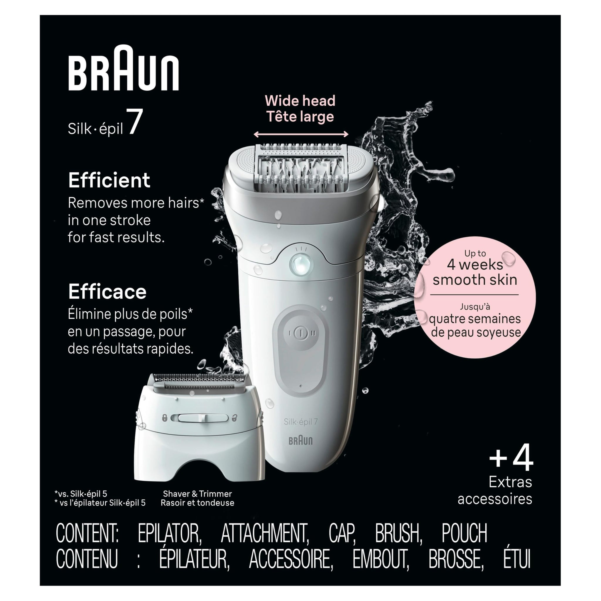 Braun Silk-épil 7 Epilator SE7-041, Wet & Dry, Wide Head, with Shaver Head and Trimmer Comb, Silver - size and scale