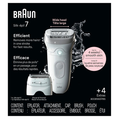 Braun Silk-épil 7 Epilator SE7-041, Wet & Dry, Wide Head, with Shaver Head and Trimmer Comb, Silver - size and scale