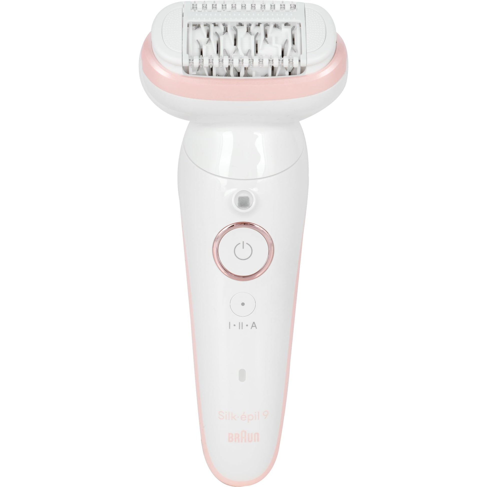 Braun Silk-épil 9 Epilator, Model 9-030, Waterproof with Rotating Head, Shaver Head and Trimmer Head, White/Pink - front view