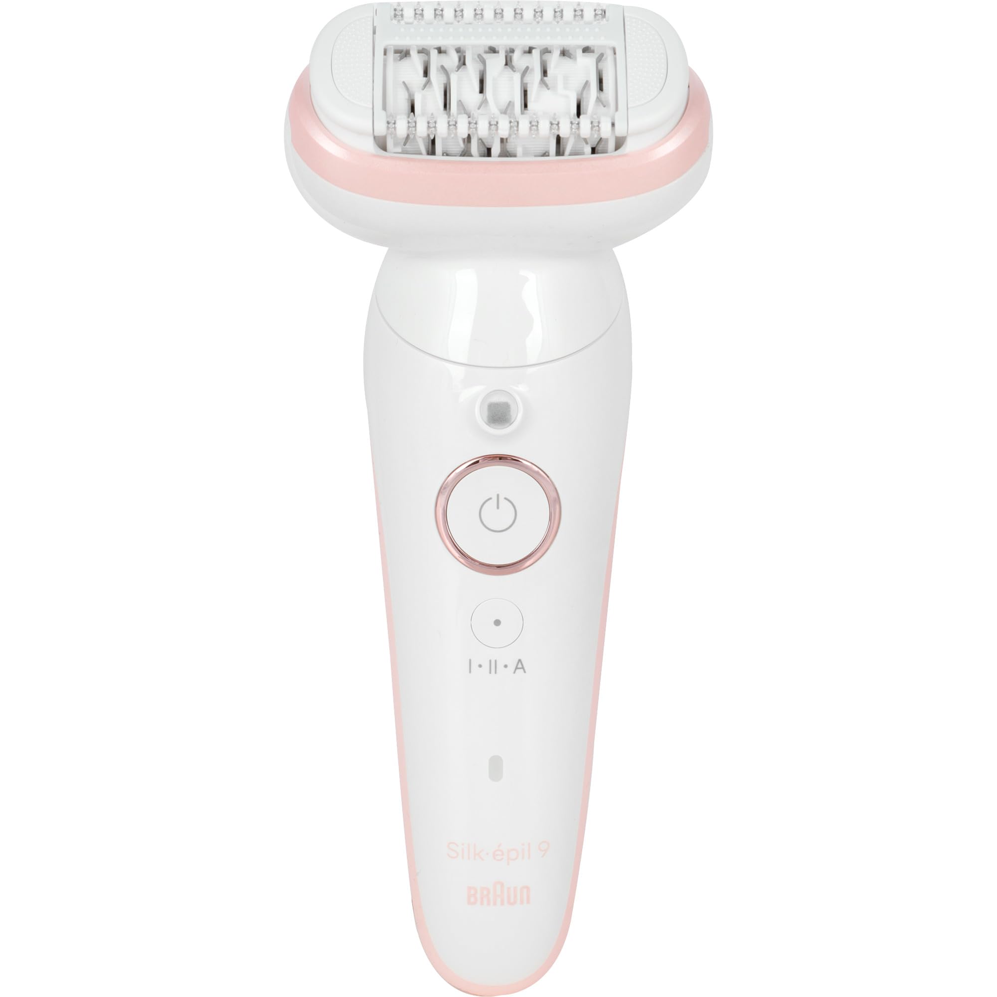 Braun Silk-épil 9 Epilator, Model 9-030, Waterproof with Rotating Head, Shaver Head and Trimmer Head, White/Pink - front view