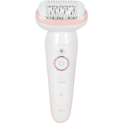 Braun Silk-épil 9 Epilator, Model 9-030, Waterproof with Rotating Head, Shaver Head and Trimmer Head, White/Pink - front view
