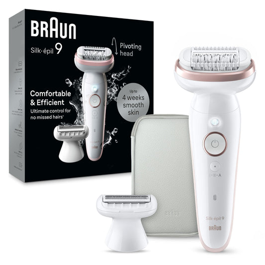 Braun Silk-épil 9 Epilator SES9-030, Wet and Dry Hair Removal Device with Pivoting Head, Includes Shaver Head and Trimmer Com