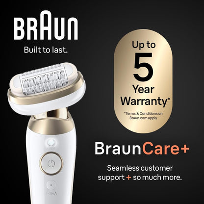 Braun Silk-épil 9 Epilator SES9-030, Wet and Dry Hair Removal Device with Pivoting Head, Includes Shaver Head and Trimmer Com