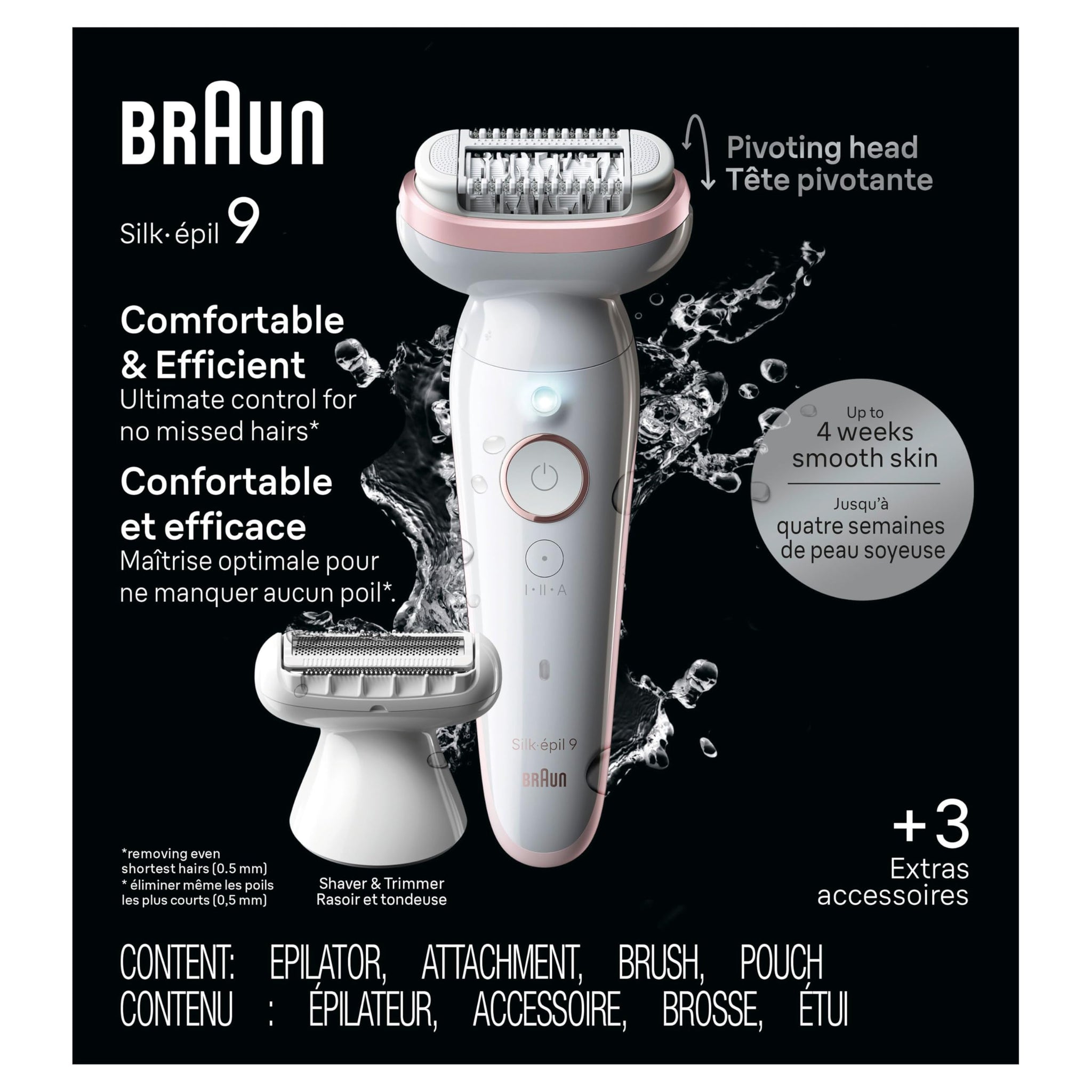 Braun Silk-épil 9 Epilator SES9-030, Wet and Dry Hair Removal Device with Pivoting Head, Includes Shaver Head and Trimmer Com