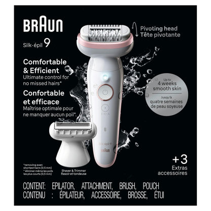 Braun Silk-épil 9 Epilator SES9-030, Wet and Dry Hair Removal Device with Pivoting Head, Includes Shaver Head and Trimmer Com