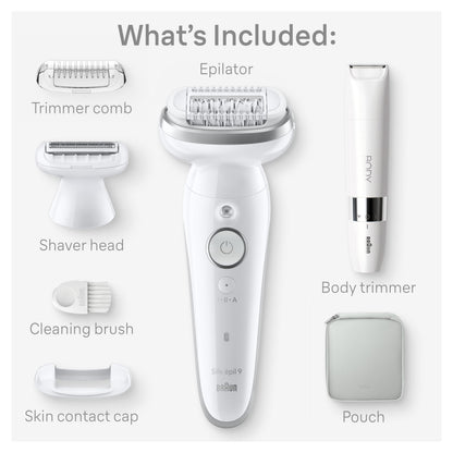 Braun Silk-épil 9 Epilator, Wet & Dry, Pivoting Head, with Body Trimmer and Shaver Head, SES9-441 - front view
