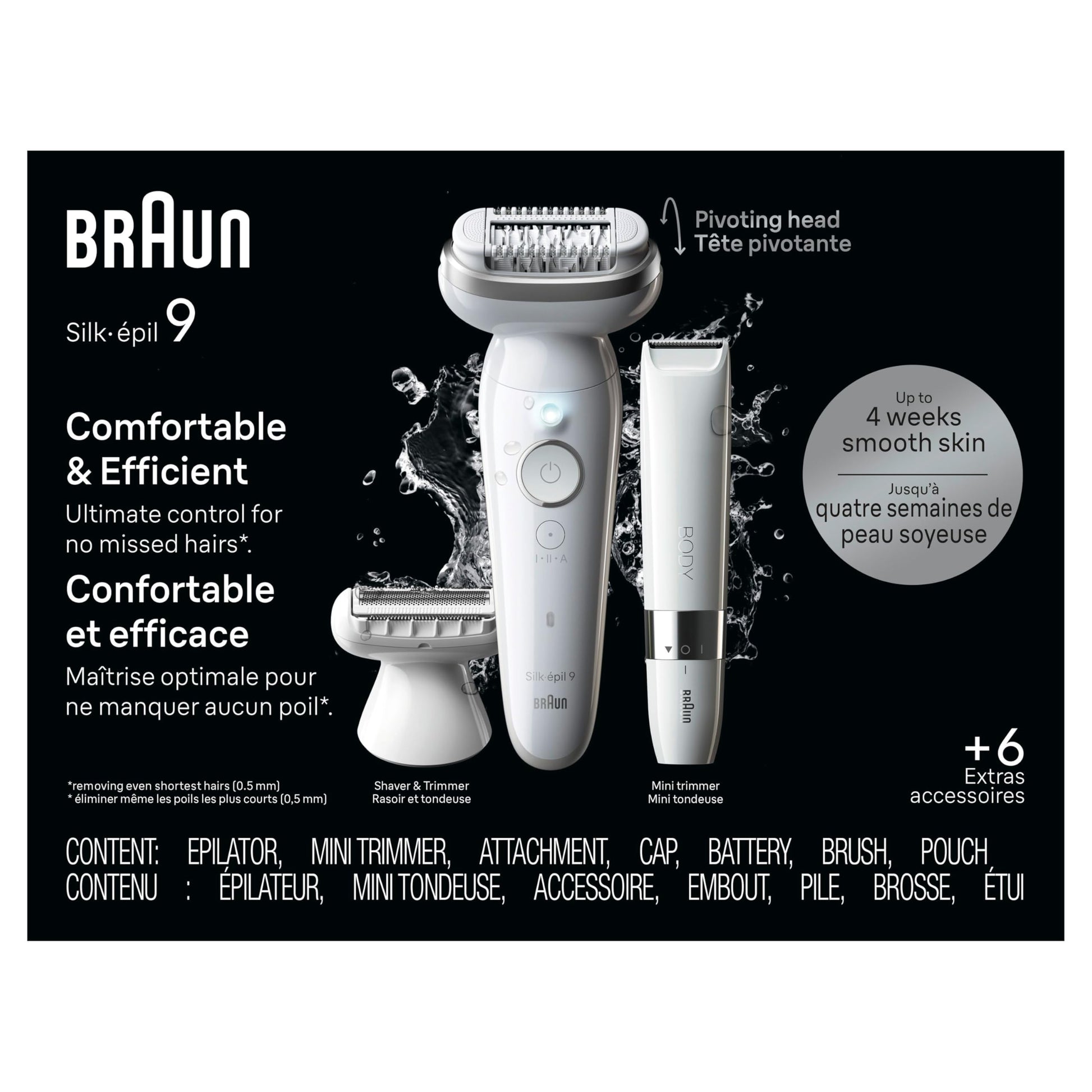 Braun Silk-épil 9 Epilator, Wet & Dry, Pivoting Head, with Body Trimmer and Shaver Head, SES9-441 - size and scale
