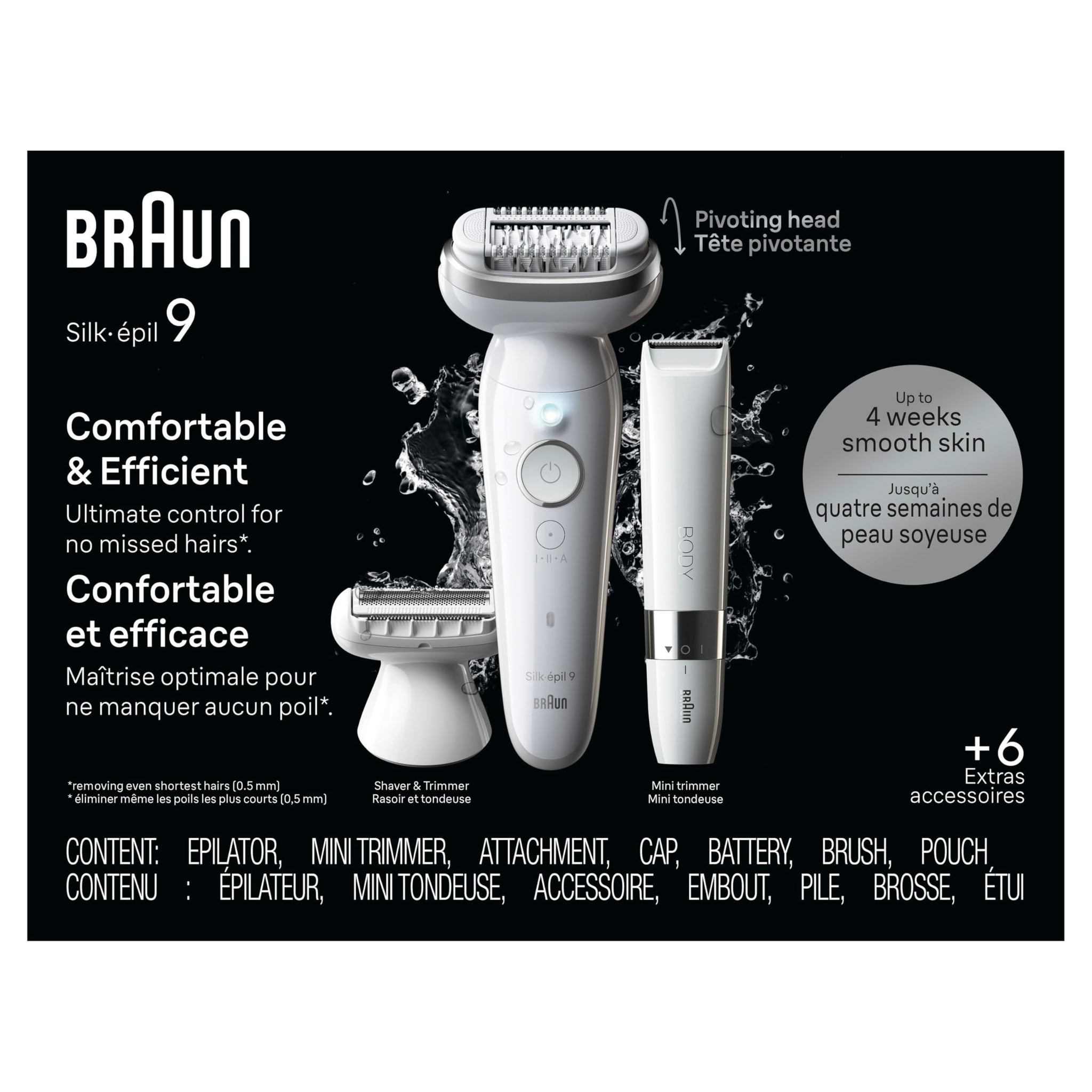 Braun Silk-épil 9 Epilator, Wet & Dry, Pivoting Head, with Body Trimmer and Shaver Head, SES9-441 - size and scale