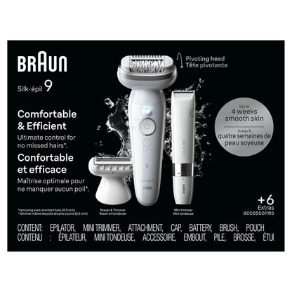 Braun Silk-épil 9 Epilator, Wet & Dry, Pivoting Head, with Body Trimmer and Shaver Head, SES9-441 - size and scale