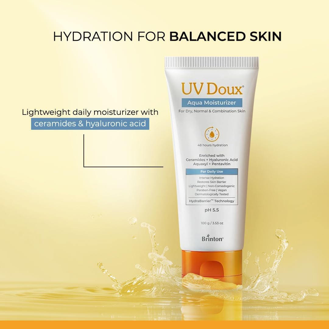 Brinton UV Doux Aqua Moisturizer, 100g, with Aquaxyl, Pentavitin, Ceramides and Hyaluronic Acid - back view