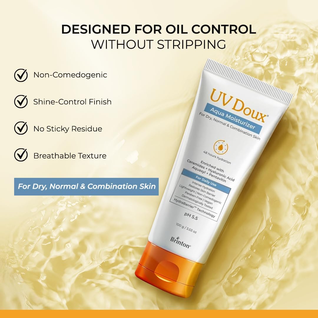 Brinton UV Doux Aqua Moisturizer, 100g, with Aquaxyl, Pentavitin, Ceramides and Hyaluronic Acid - packaging