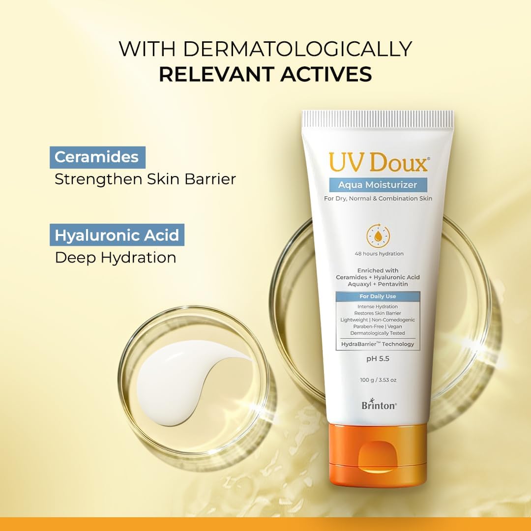 Brinton UV Doux Aqua Moisturizer, 100g, with Aquaxyl, Pentavitin, Ceramides and Hyaluronic Acid - in use