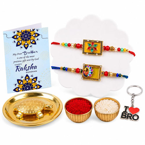 BUC Brass Tortoise Plate | Floral Peacock Rakhis | Keychain Card Rakhi Set
