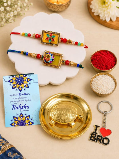 BUC Brass Tortoise Plate | Floral Peacock Rakhis | Keychain Card Rakhi Set - front view