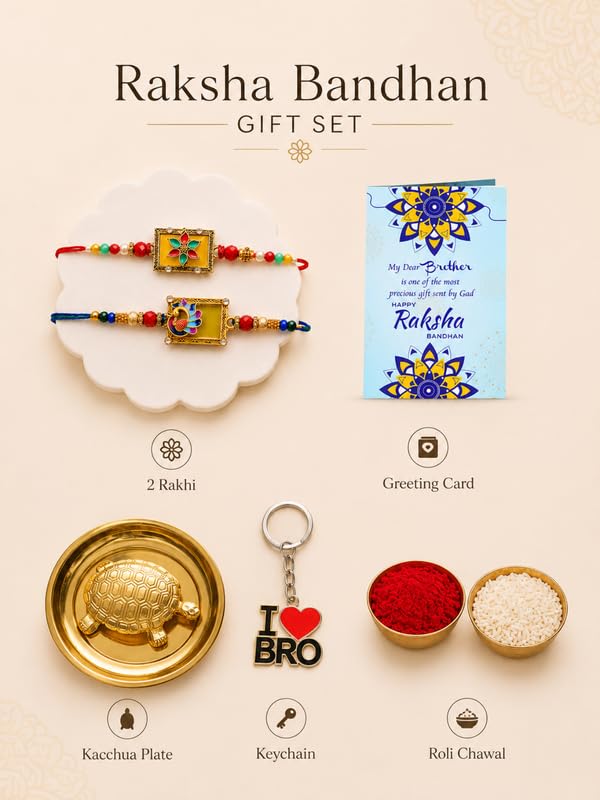 BUC Brass Tortoise Plate | Floral Peacock Rakhis | Keychain Card Rakhi Set - back view