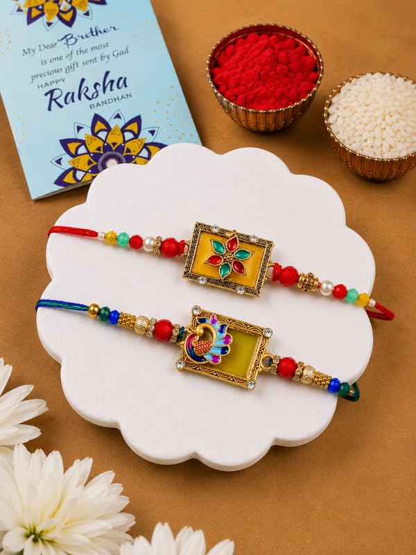 BUC Brass Tortoise Plate | Floral Peacock Rakhis | Keychain Card Rakhi Set - packaging