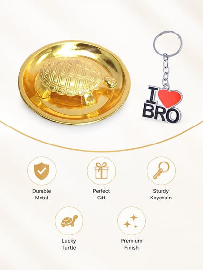 BUC Brass Tortoise Plate | Floral Peacock Rakhis | Keychain Card Rakhi Set - label detail