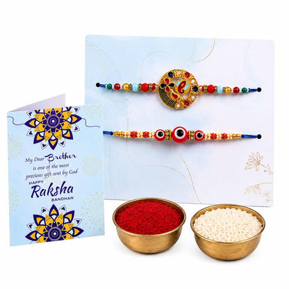 BUC Designer Rakhi Set | Gold Round & Red Evil Eye | Ritual Kit with Card