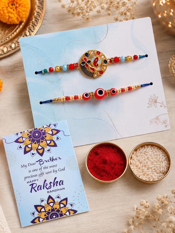 BUC Designer Rakhi Set | Gold Round & Red Evil Eye | Ritual Kit with Card - front view