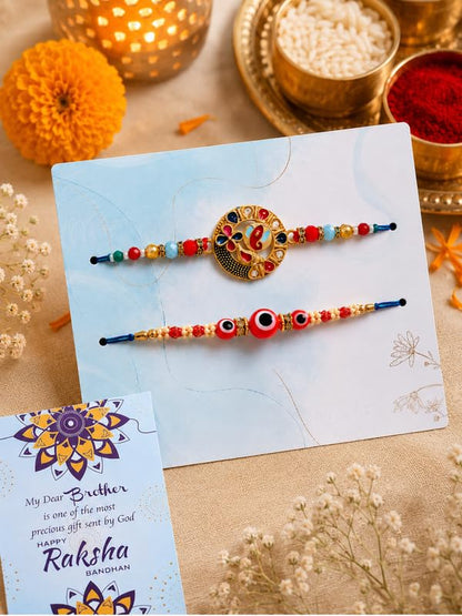 BUC Designer Rakhi Set | Gold Round & Red Evil Eye | Ritual Kit with Card - back view