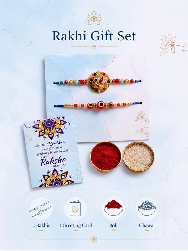 BUC Designer Rakhi Set | Gold Round & Red Evil Eye | Ritual Kit with Card - packaging