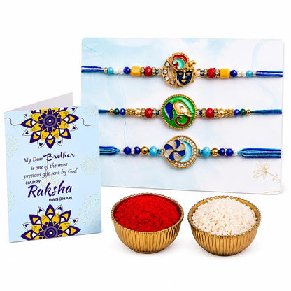 BUC Krishna Ganesh Floral Designer Rakhis Set | Ritual Kit with Card