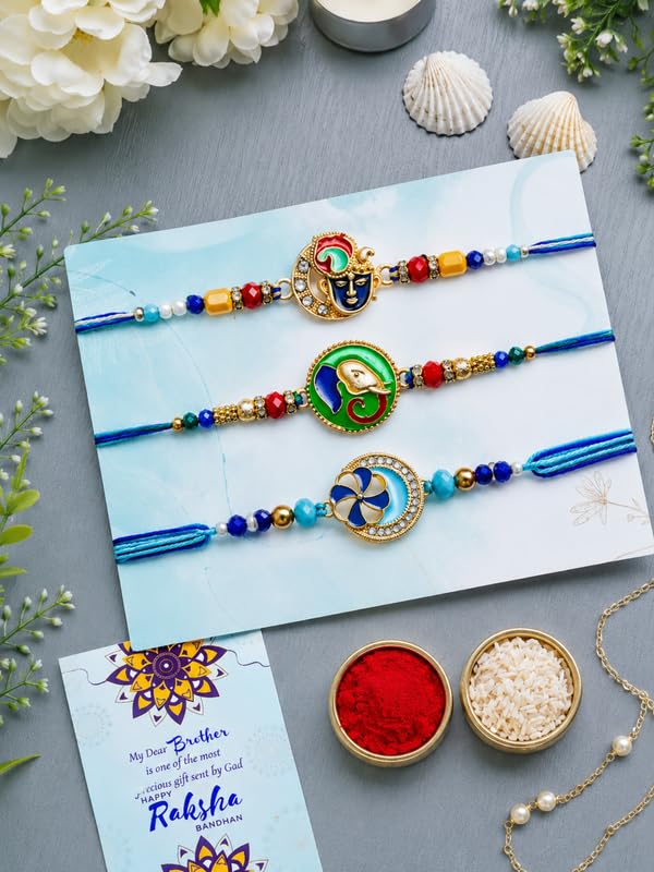 BUC Krishna Ganesh Floral Designer Rakhis Set | Ritual Kit with Card - front view