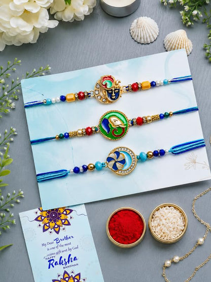 BUC Krishna Ganesh Floral Designer Rakhis Set | Ritual Kit with Card - front view