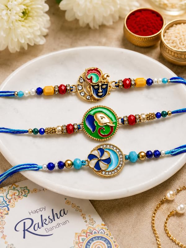 BUC Krishna Ganesh Floral Designer Rakhis Set | Ritual Kit with Card - packaging