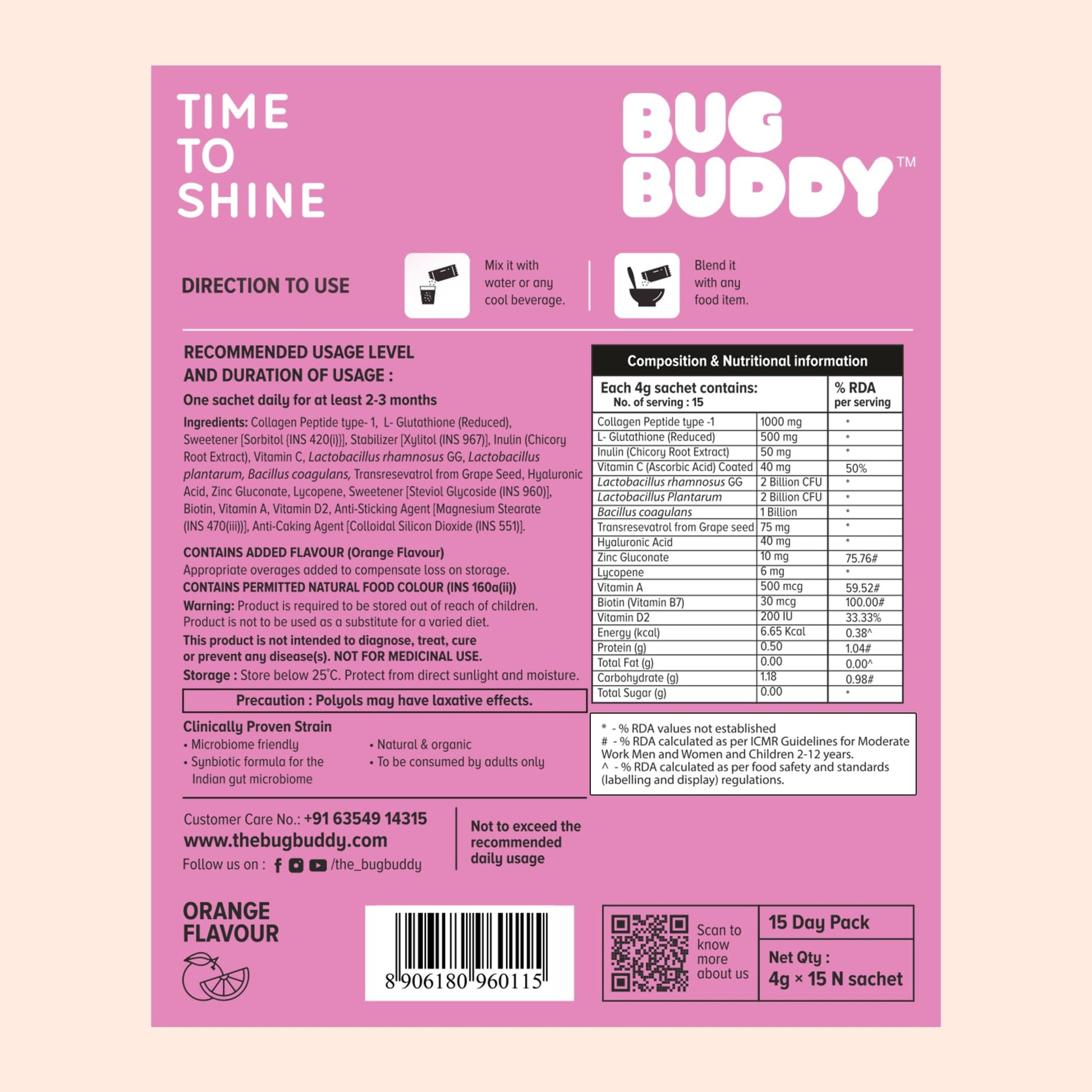 Bug Buddy Time To Shine Glutathione Collagen Powder Sachets, 15 Days Pack, 100g, Unisex Adult Supplement - label detail